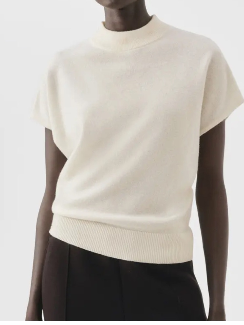 MANGO Selection Cream Wool Cashmere Mock Neck Short Sleeve Sweater M